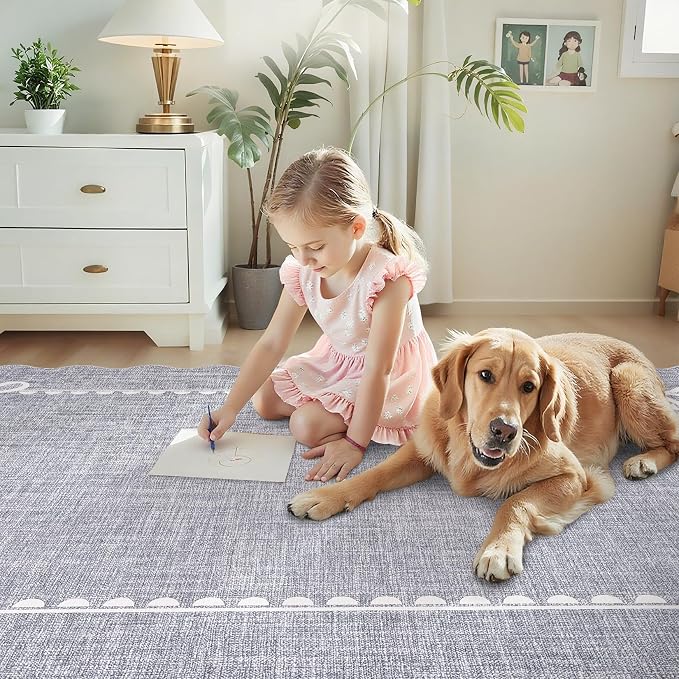 GarveeHome Scalloped Bow Rug 5x7 Washable Grey Rugs for Bedroom Living Room | Non Slip Soft Low Pile Indoor Carpet for Nursery Girls Bedroom Decor Hallway Kids Room College Dorm Playroom