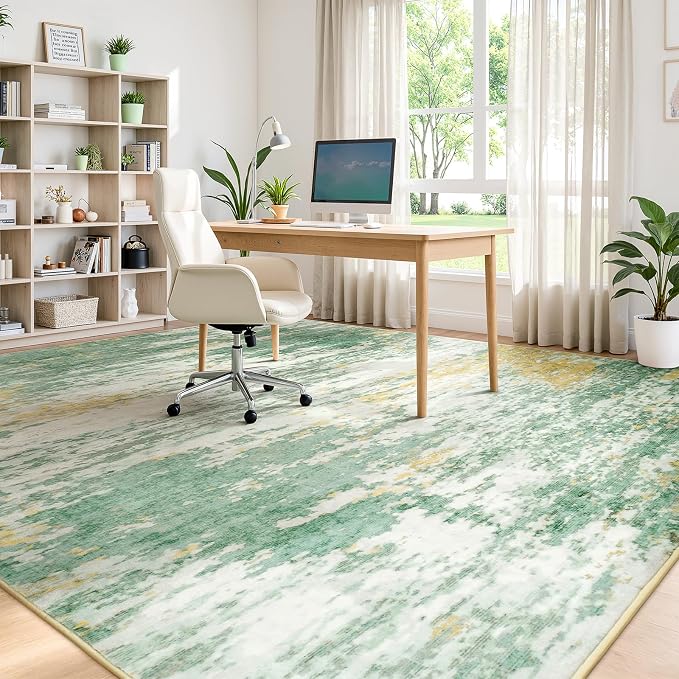 9x12 Area Rug for Living Room, Abstract Washable Large Rugs, Light Green | Soft Neutral Carpet for Bedroom, Dining Room, Home Office Nursery Indoor, Stain Resistant,Non-Slip, Low Pile, Modern Rug