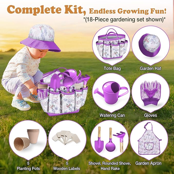 Kids Gardening Tool Set 18PCS Kids Toddler Gardening Set Includes Tote Bag Watering Can Apron Hat Rake Shovel Spoon Gloves Plant Pots and Labels, Outdoor Toys Gift for Boys Girls (Purple)