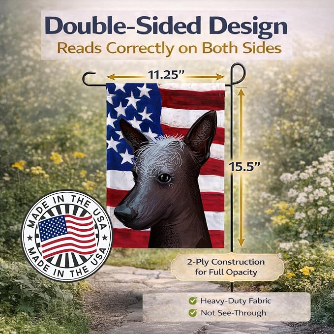 Caroline's Treasures CK6614GF Mexican Hairless Dog American Flag Garden Flag Mailbox Flag Decorative Yard Flag Banner Outside Patio Artwork Yard Flower Beds, Garden Size, Multicolor