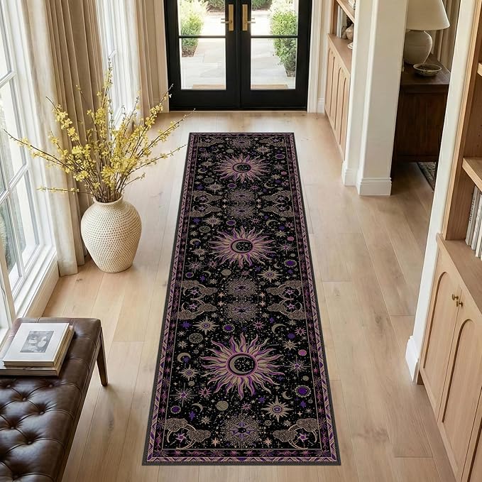 Vacuum-Friendly, 2x8 Washable Area Rug, Black Purple Beige | Sun and Moon Boho Gothic Non-Slip Low Pile Living Roon Bedroom Dining Room Kitchen Entry Entryway Entrance Hallway Doormat
