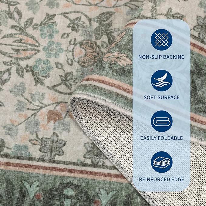 GarveeHome 8x10 Area Rugs for Living Room: Washable Bedroom Rug Sage Green | Boho Vintage Non Slip Soft Low Pile Stain Resistant Indoor Carpet for Farmhouse Dining Room Nursery Home Office