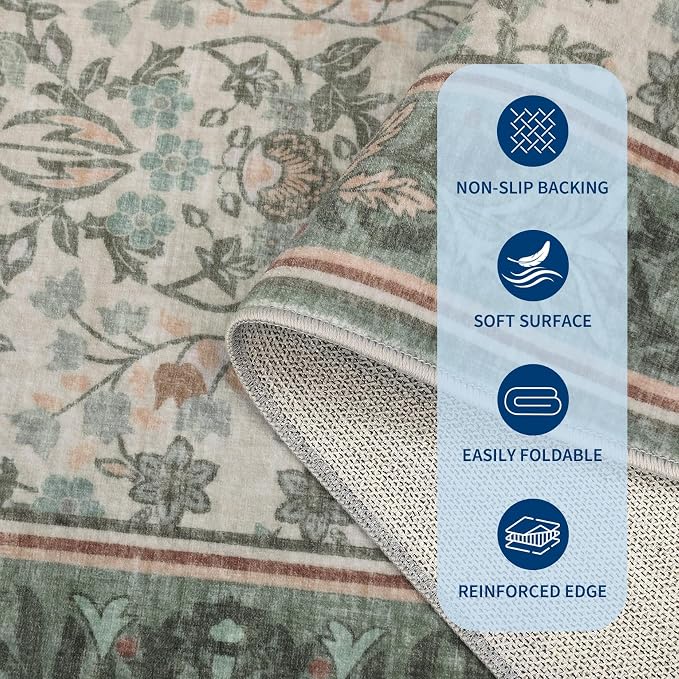 GarveeHome 5x7 Area Rugs for Living Room: Washable Bedroom Rug Sage Green | Boho Vintage Non Slip Soft Low Pile Stain Resistant Indoor Carpet for Farmhouse Dining Room Nursery Home Office