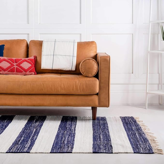 Unique Loom Chindi Rag Collection Area Rug - Striped (12' 2" x 16' 1" Rectangle, Navy Blue/ Ivory)