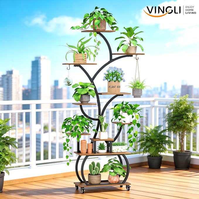 Plant Stand with Grow Lights, 61" Tall Plant Shelf Indoor with Multi-Color Full Spectrum LED Lights and 360° Lockable Wheels, 10-Tier 61" Tree-shaped Decorative Rack, for Living Room, Balcony & Office, Black and Brown