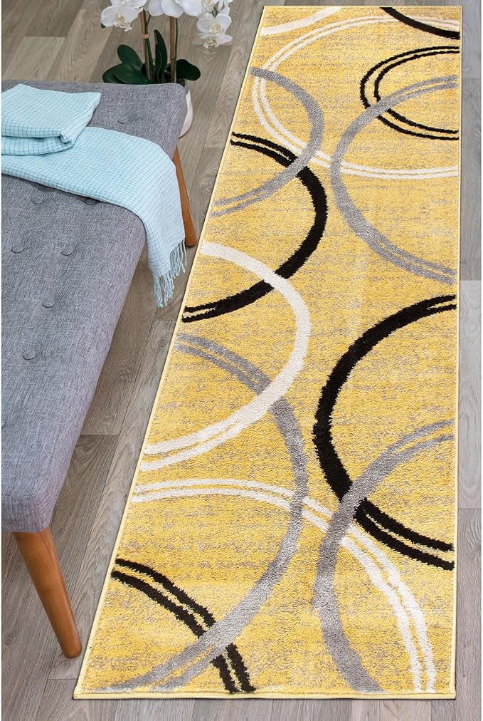 Rugshop Wavy Circles Non-Shedding Living Room Runner Rug Yellow 2' x 10' | Rectangular, Size 2' x 10', Bedroom, Dining Room, Home Office, Kitchen, Entryway, Hallway, Nursery, Kids Room, Guest Room