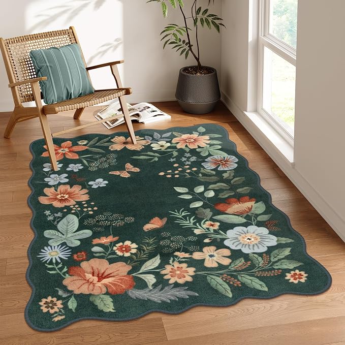 Lahome Floral Washable Rug- 4x6 Green Rugs for Bedroom Girls Classroom | Scalloped Ultra-Thin Soft Living Room Non-Slip Stain Resistant Boho Throw Rug for Nursery Office Flore, Dark, Green