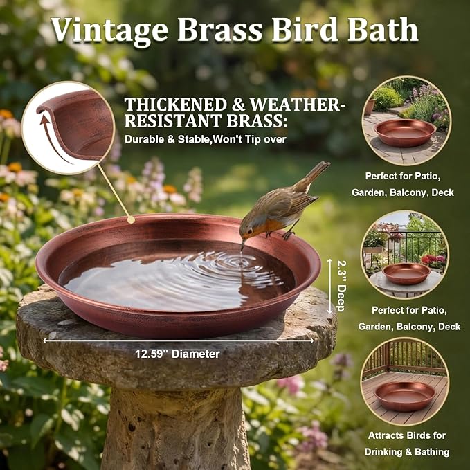 HappyAlley Bird Bath Bowl, Vintage Metal Bird Bath for Outdoor, 12.59'' Dia 2.7" Depth Heavy Duty Birdbath Bowls only, Large Capacity Birds Baths Feeder Bowl for Garden Patio Yard Lawn Decor