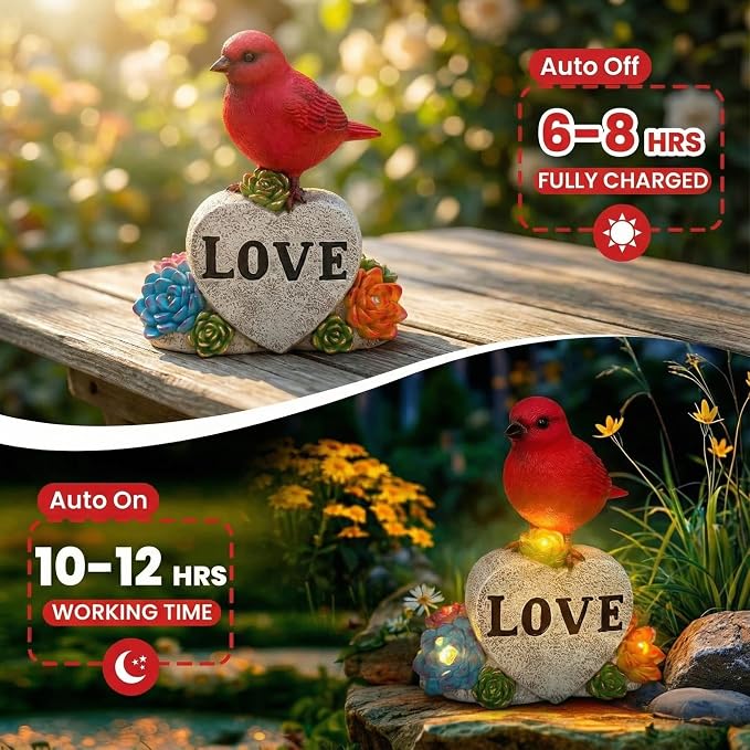 Solar Cardinal Decor Red Bird with Glowing Succulents Love Heart Stone Remembrance Garden Figurine Decor for Outdoor Yard Patio Lawn Sympathy Gifts for Mother Grandma Women Wife Sister