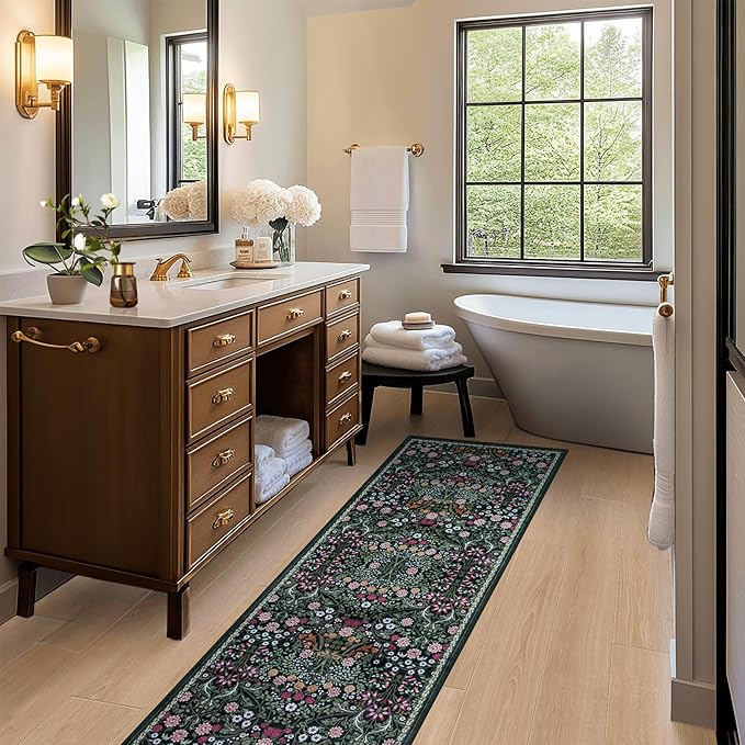 PLHXFR 2.6x8 Washable Runner Rug：Floral Indoor Kitchen Carpet Dark Green | For Hallway Bedroom Kitchen Laundry Bathroom Dorm,Vintage Floral,Machine washable,Non Slip,Stain Resistant,Indoor Floor
