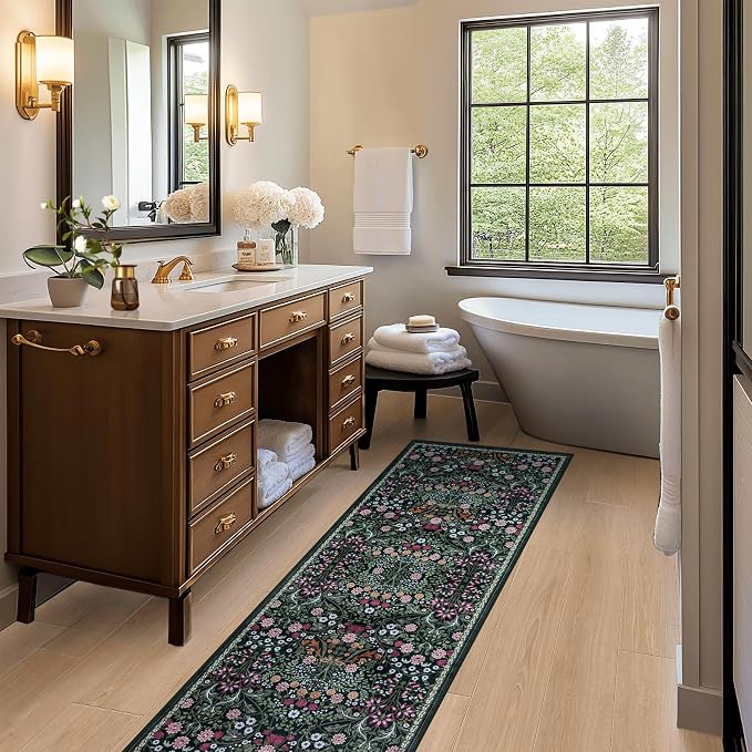 PLHXFR 2x6 Washable Runner Rug：Floral Indoor Kitchen Carpet Dark Green | For Hallway Bedroom Kitchen Laundry Bathroom Dorm,Vintage Floral,Machine washable,Non Slip,Stain Resistant,Indoor Floor