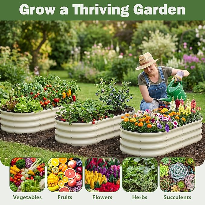 2 PCS Galvanized Raised Garden Bed 4x2x1 Ft, Oval Metal Outdoor Planter Box Kit with Safety Rubber Edge, Easy Assemble Bottomless Large Planting Container for Vegetable, Flower, Fruit, White