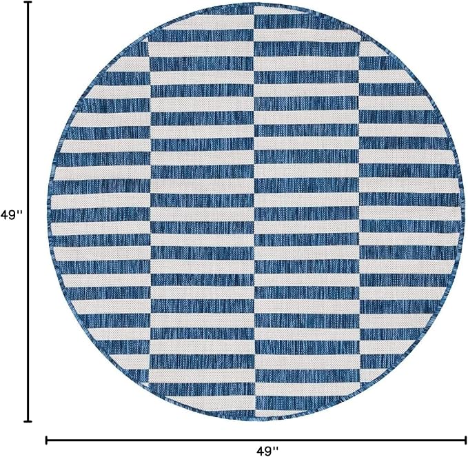 Unique Loom Outdoor Striped Collection Area Rug - Striped (4' 1" Round, Blue/Ivory)