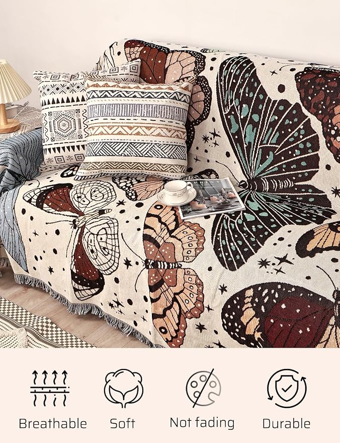 Boho Throw Blanket for Bed Couch Sofa Reversible Cotton Bohemian Travel Boho Quilt Mexican Muslin Blanket Tapestry Hippie Room Decor Outdoor Blanket Double Sided (Month Moth Print 60"x80")