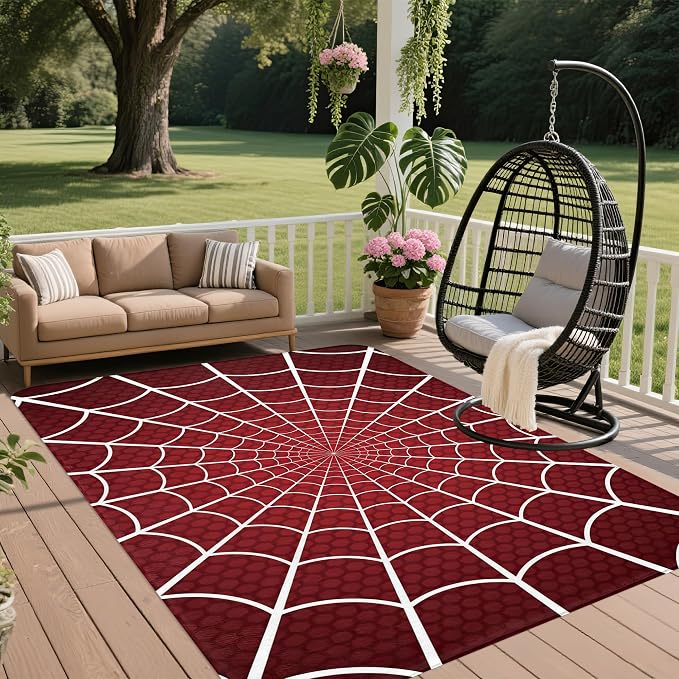 Red Spider Web Area Rugs for Living Room 5x7,Halloween Spiderweb Bedroom Rug Washable Non-Slip Soft Floor Big Carpets for Dining Room Nursery,Kids Home Decor Aesthetic