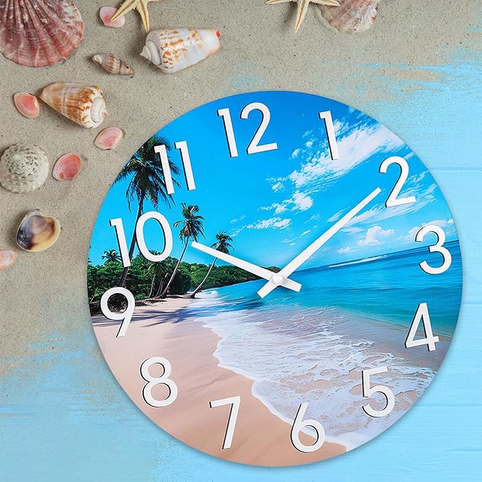 JoFomp Beach Outdoor Clocks for Patio, Large Outdoor Clocks Waterproof 10 Inch with Glass, Outdoor Wall Clocks Battery Operated, Pool Clock Outdoor Weatherproof, Outside Clock for Backyard/Garden