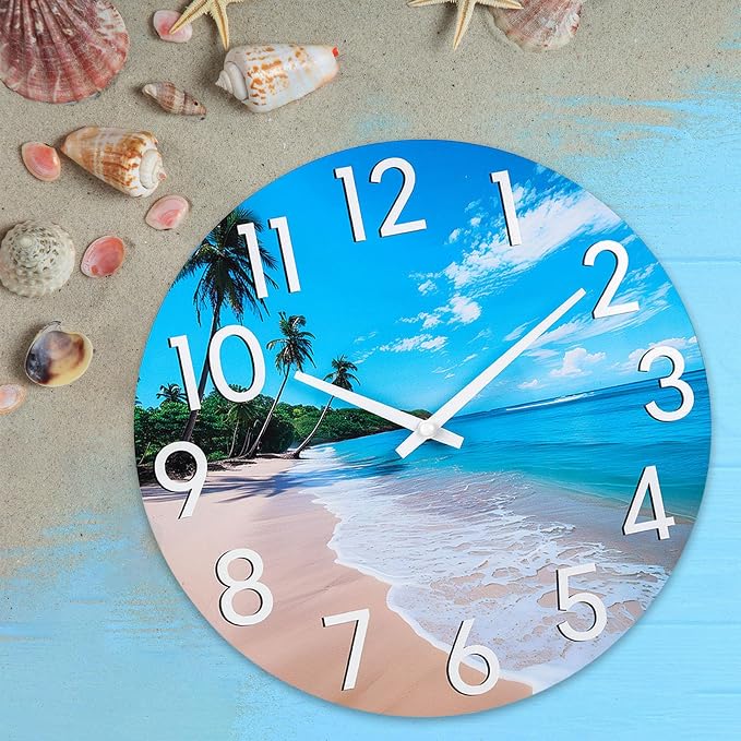 JoFomp Beach Outdoor Clocks for Patio, Large Outdoor Clocks Waterproof 16 Inch with Glass, Outdoor Wall Clocks Battery Operated, Pool Clock Outdoor Weatherproof, Outside Clock for Backyard/Garden