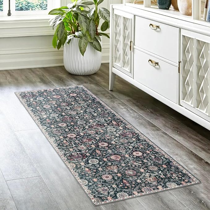 Lahome Moroccan Washable Runner Rug, 2x6 Kitchen Runners for Hallways | 6 Feet Non Slip Trellis Vintage Laundry Room Rug Ultra-Thin Carpet for Bathroom Bedroom Entryway Elise, Black Multi
