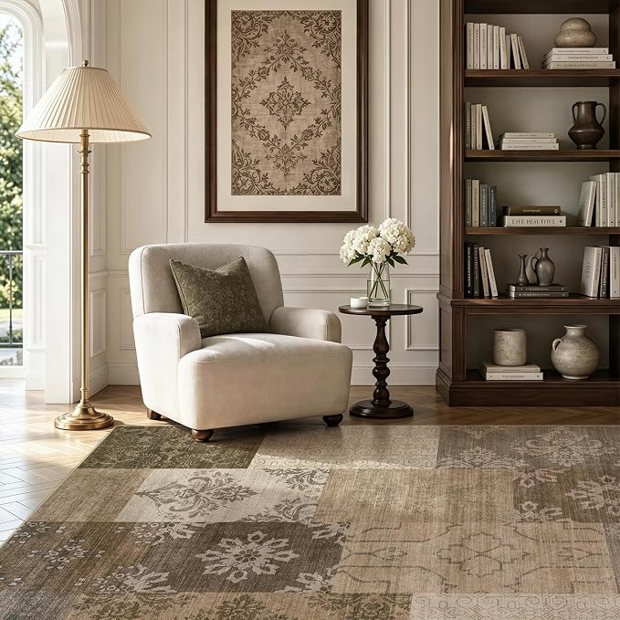 UERMEI 10x12 Area Rug for Living Room, Washable Brown Modern Geometric Patchwork Non Slip Stain Resistant Low Pile Foldable Carpet for Bedroom Dining Farmhouse Home Office