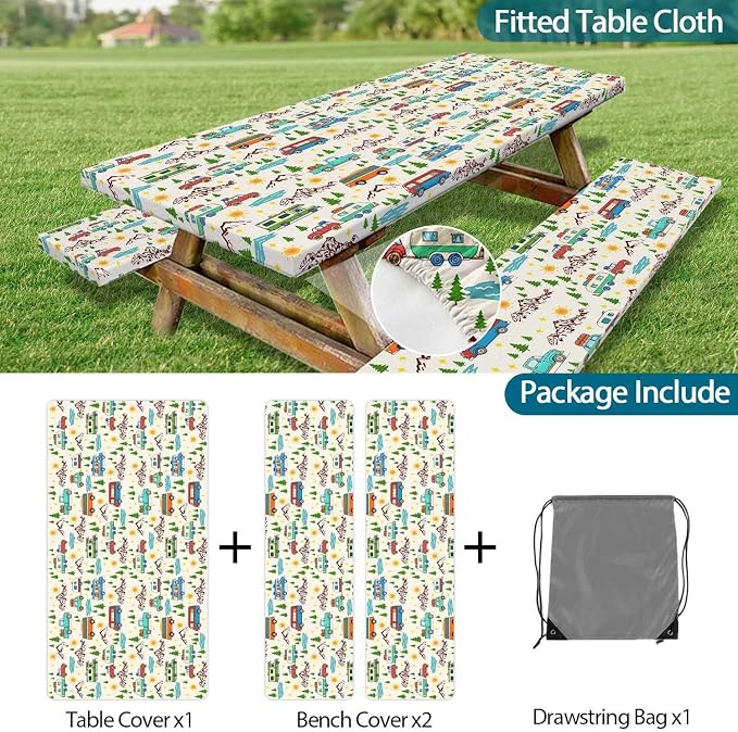 Picnic Table Cover with Bench Covers Reusable Table Cover for Camping with Elastic Outdoor Windproof Waterproof Fabric Rectangle Fitted Tablecloth and Seat Covers with Drawstring Bag, 60In 3PCS