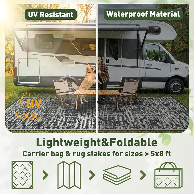MontVoo Outdoor Rug Waterproof-Patio Rug Mat 5x8 Outdoor RV Camping Picnic Beach Mat Plastic Straw Rugs Outside Outdoor Area Rugs for Balcony Deck Backyard Grey