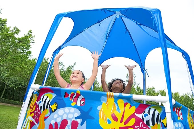 Bestway Steel Pro Frame Pool with Sun Protection Roof Splash-in-Shade Without Pump Diameter 183 x 51 cm Colourful Underwater Design Round