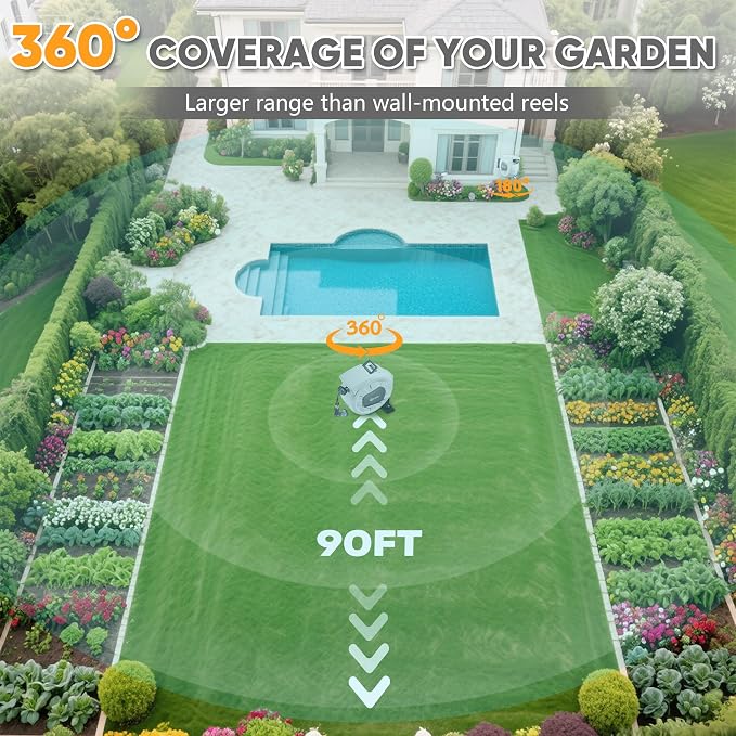SILVEL Automatic Retractable Garden Hose Reel on Metal Spike, 1/2 in x 90FT Ground Mounted Outside, UV Resistant with 10 Pattern Nozzle, 360° Swivel, No Holes in Your House, Easy Installation