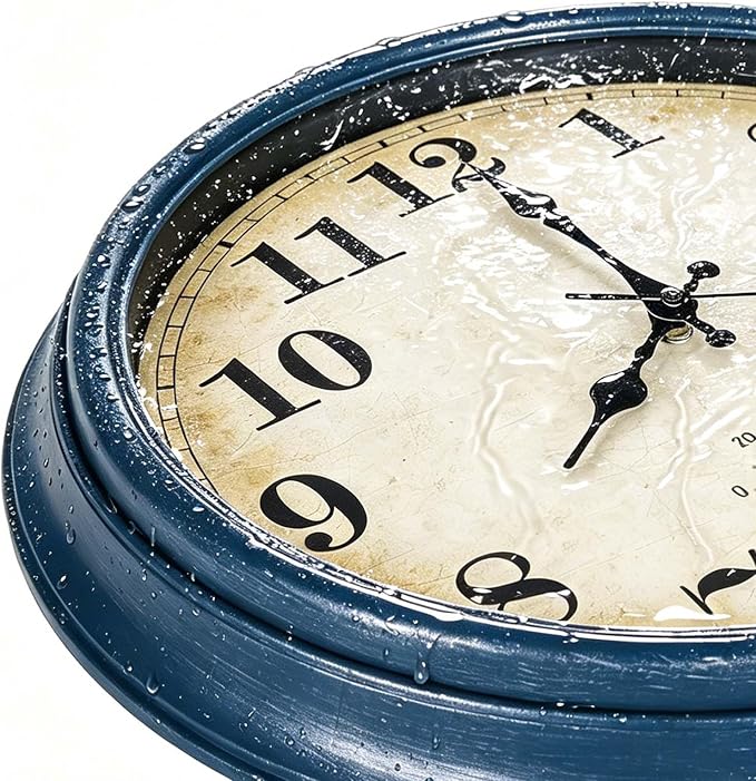 Outdoor Clock Waterproof with Thermometer Wall Clock for Patio Pool Bathroom Kitchen 16 Inch Blue