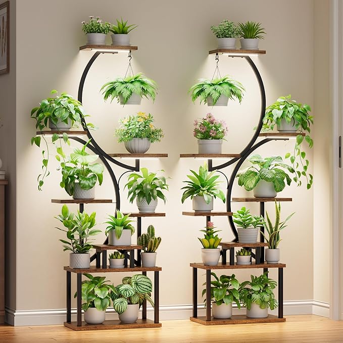 BACEKOLL Plant Stand Indoor with Grow Light - 2 Pack Tall Indoor Plant Shelf, 62" Corner Plant Holder, 8 Tiered Large S-Shape Flower Multiple Display Shelf for Home, Office