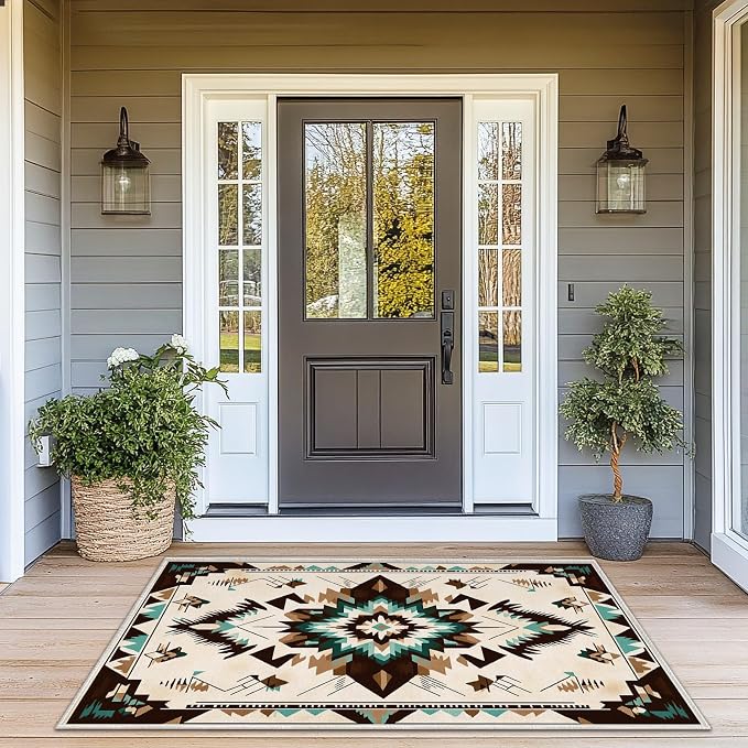 Western Area Rug for Living Room Abstract Geometric Diamond 3x5 Entryway Rug Southwestern Aztec Tribal Rugs Non Slip Low Pile Machine Washable Boho Brown Beige Floor Carpet Indoor Bedroom Dining Room