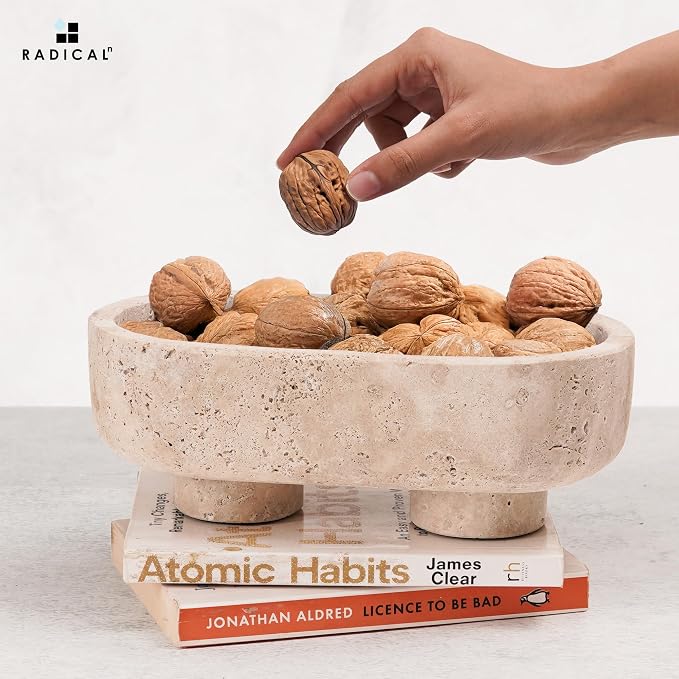 Radicaln Marble Oval Bowl With Stand 10" Inches Travertine Handmade Decorative Bowl, Ideal Key Bowl & Candle Holder, Candy and fruit Dish For Kitchen Countertop