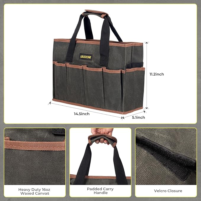 Tool Bag 16 oz. Waxed Canvas Tool Bag Large Capacity Tool Storage Tote comes with a Main Compartment and 12 Exterior Pockets for Wrenches, Scissors, Hammers or a set of Garden Tools and More ArmyGreen