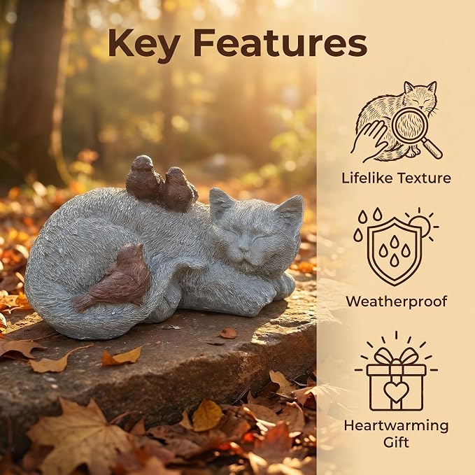 Resin Sleeping Cat Memorial Statue with Birds – Indoor Outdoor Garden Figurine Decor for Patio, Yard & Home, Realistic Tribute Sculpture, Sympathy Gift for Pet Lovers (11.4×7.3×5.9 in)