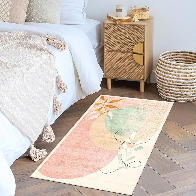 2x3 Washable Rug Small Area Rugs Non Slip Mid Century Modern | Throw Carpet for Bathroom Entryway Entry Entrance Bedroom Bedside Floor Indoor Boho Abstract Retro Geometric Pink