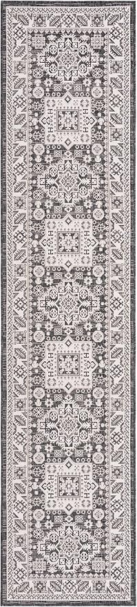 Unique Loom Outdoor Aztec Collection Area Rug - Chalca (2' 7" x 12' Runner, Charcoal Gray/ Ivory)