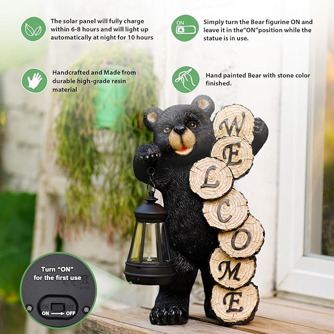 Qeeman Solar Bear for Garden Decor: Weatherproof Resin Statues | Warm Glow Lantern Outdoor Decoractions for Yard Pathway Patio Porch Balcony Front, Gifts for Mom Grandma Lovers