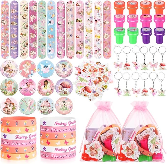 Funrous 122 Pcs Fairy Party Favors Bulk with Woodland Fairy Silicone Slap Bracelets Keychains Stickers Stampers Badges Gifts Bags for Fairytale Garden Forest Birthday Baby Shower Party Supplies