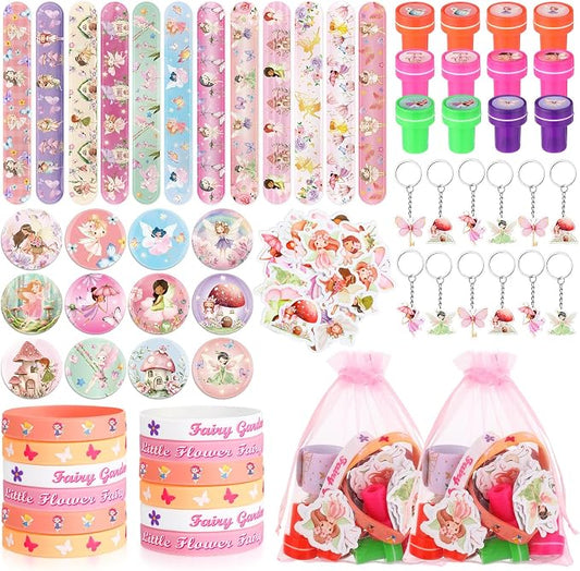 Funrous 122 Pcs Fairy Party Favors Bulk with Woodland Fairy Silicone Slap Bracelets Keychains Stickers Stampers Badges Gifts Bags for Fairytale Garden Forest Birthday Baby Shower Party Supplies