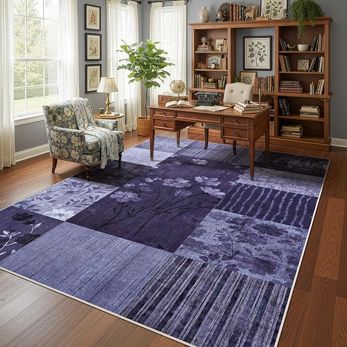 DweIke Floral Rugs for Living Room, 8x10 Washable Area Rug for Dining Room Farmhouse Office Bedroom Decor, Geometric Patchwork Stain Resistant Low Pile Indoor Floor Throw Rugs, Purple