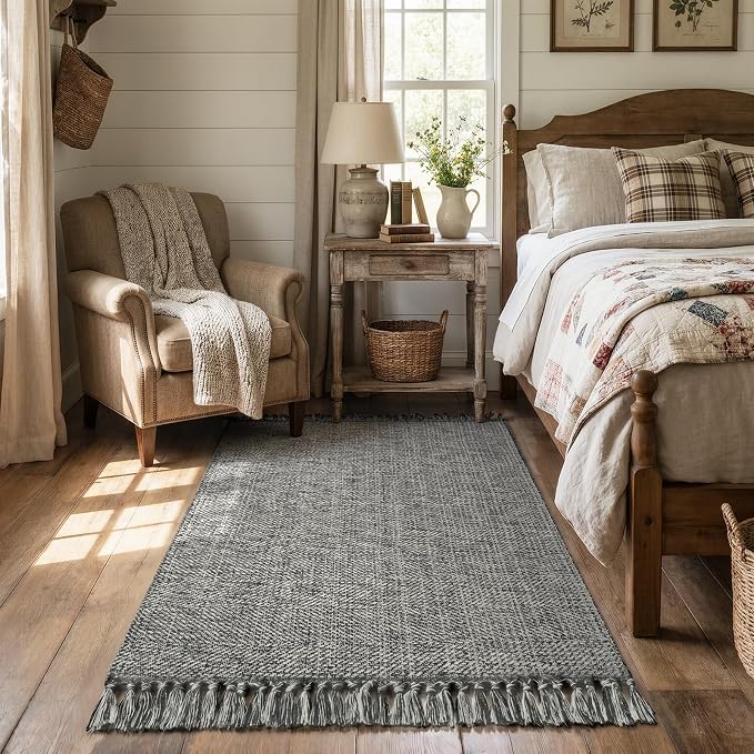 3' x 5' Indoor Entryway Rug, Boho Modern Grey Washable Kitchen Rug | Cotton Blend Hand-Woven Bedside Rug, Farmhouse Braided Indoor Door Mat, Reversible Throw Carpet for Bathroom Laundry