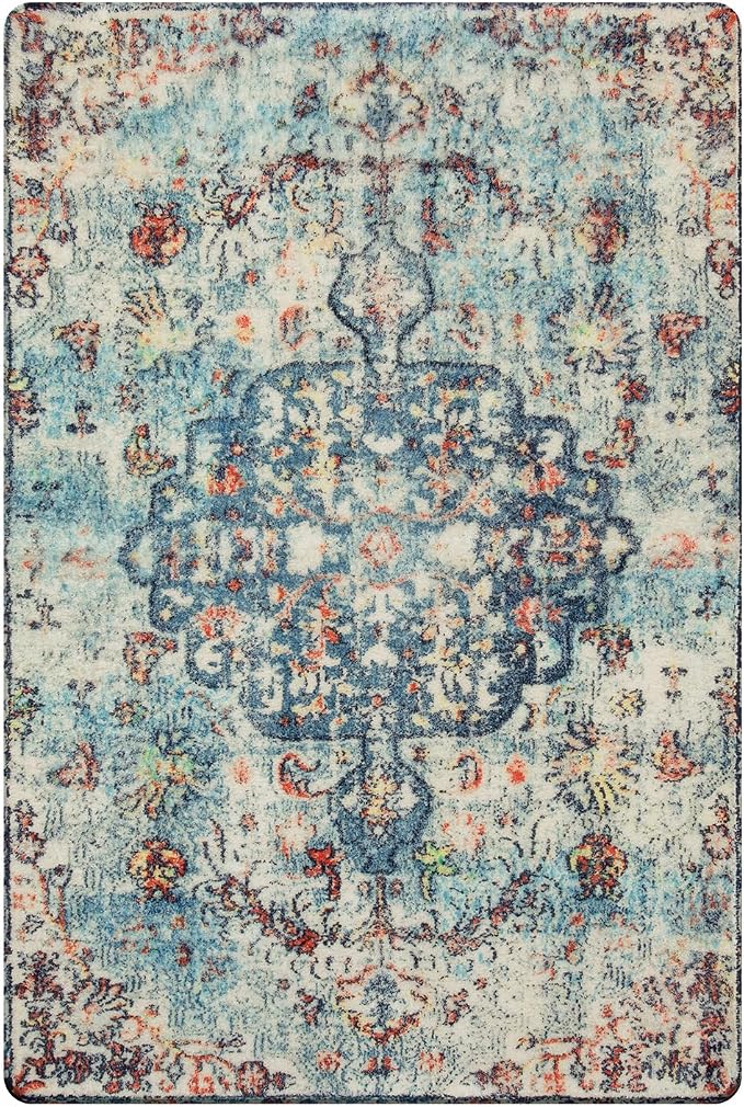 Lahome Reine Bohemian Floral Medallion Area Rug - 2x3 Vintage Teal Distressed Small Entryway Rug Turkish Doormat Faux Wool Non-Slip Washable Low-Pile Carpet for Bathroom Kitchen Laundry Room Decor