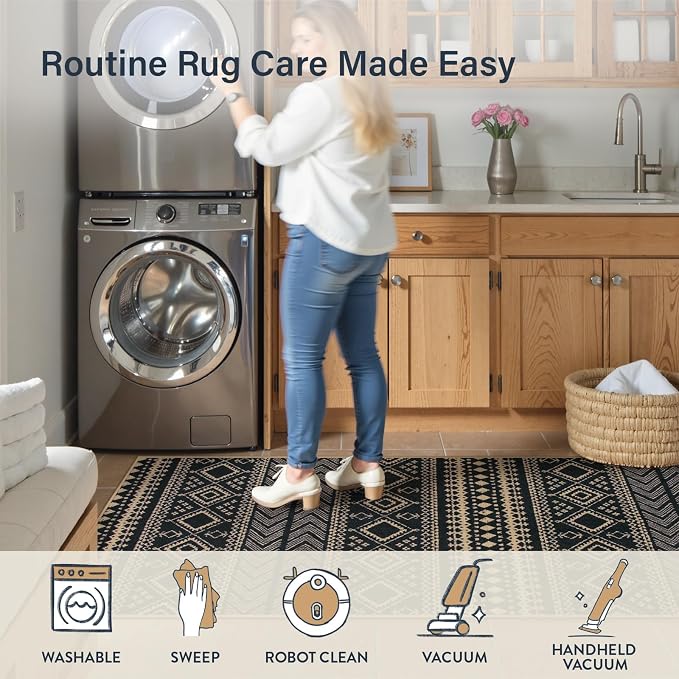 Lahome Boho Kitchen Runner Rug, 2x8 Easy Jute Laundry Room Rug | Black Distressed Print Geometric Stain Resistant Indoor Outdoor Runner for Hallway