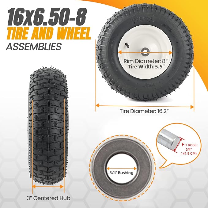 AR-PRO (2 Pack) 16x6.50-8 Pneumatic Tire and Wheel Assembly, Riding Lawn Mower Replacement Wheels with Chevron Turf Tread, 3" Centered Hub, 3/4" Bushings, 440 lb Capacity
