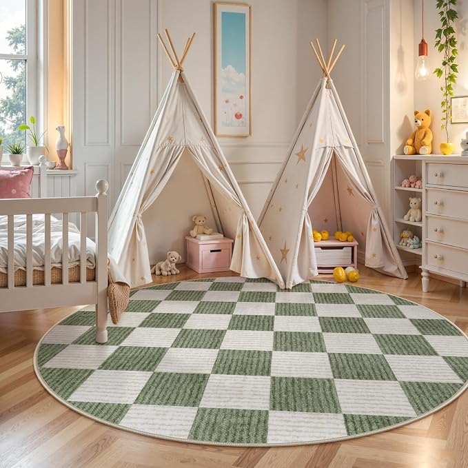 LIVEBOX Checkered Round Rug 6 Ft Washable Area Rug for Playroom Classroom, Kids Non-Slip Neutral Classic Circle Rug Geometric Large Carpet Soft Boys Nursery Rug for Dorm Bedroom(Sage Green,180R)