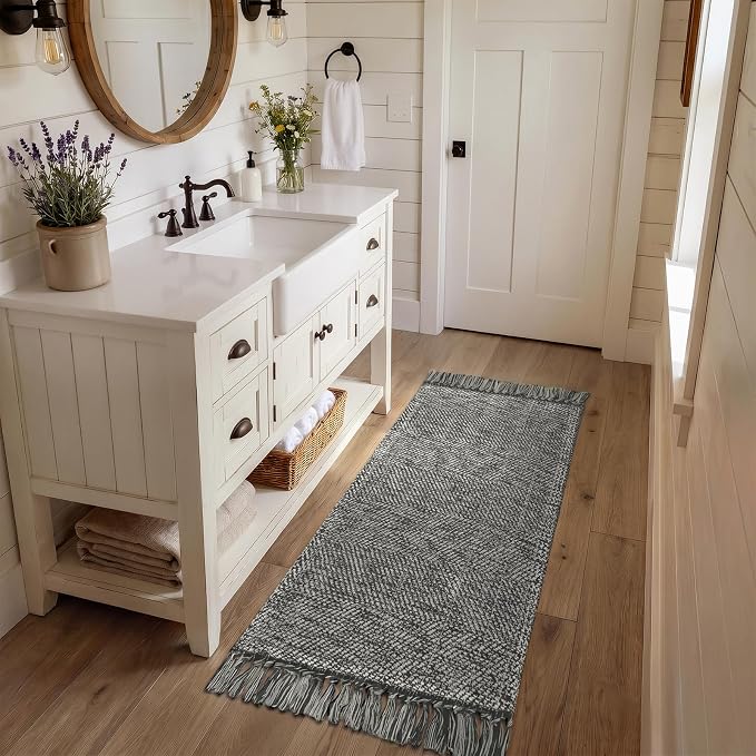 Bathroom Runner Rug, 2' x 5' Modern Farmhouse Kitchen Mats | Hand-Woven Entryway Rugs Runners for Hallway, Gray Boho Washable Laundry Carpet Indoor Front Door Mat for Bedroom Decor
