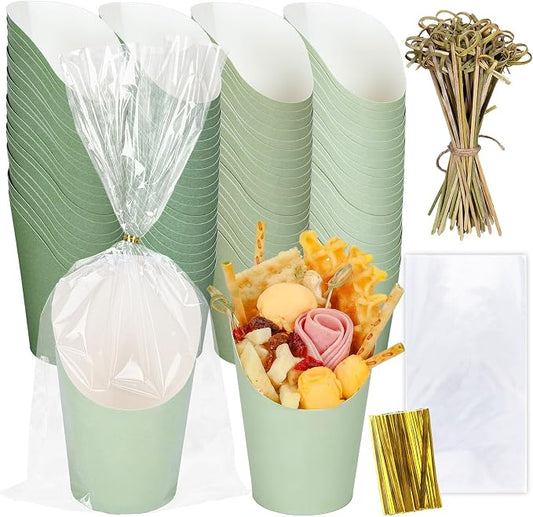 Whaline 60Pcs Sage Green Charcuterie Cups with Bamboo Sticks Plastic Treat Goodie Bags Gold Twist Ties 14oz French Fries Cup Holder for Home Kitchen Wedding Baby Shower Birthday Party