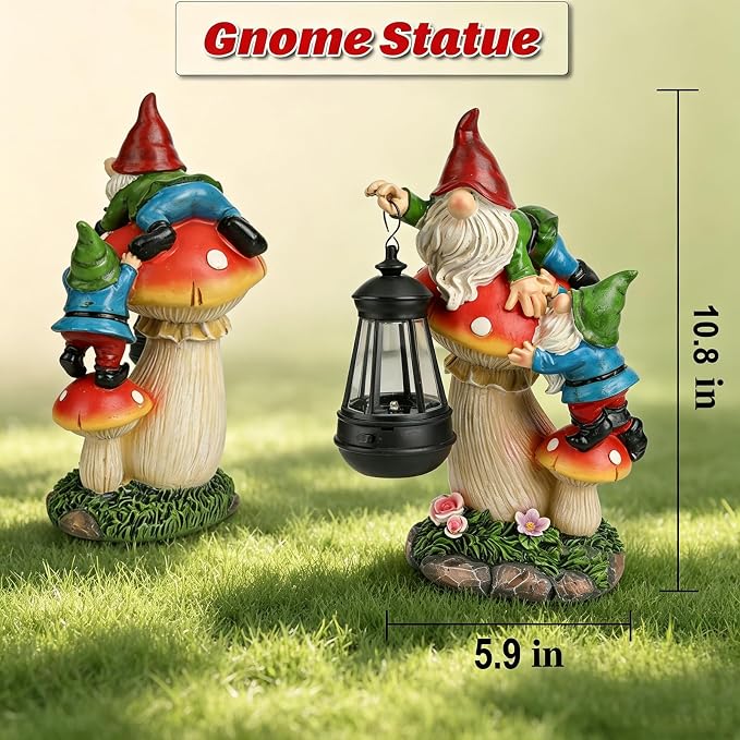 Solar Gnome Garden Statue with Mushroom Lights for Outdoor, Waterproof Garden Gnomes Decor for Yard Lawn Balcony, Cute Gnome Figurine Lights for Patio Decor, Ideal Gift for Garden Lovers & Homeowners