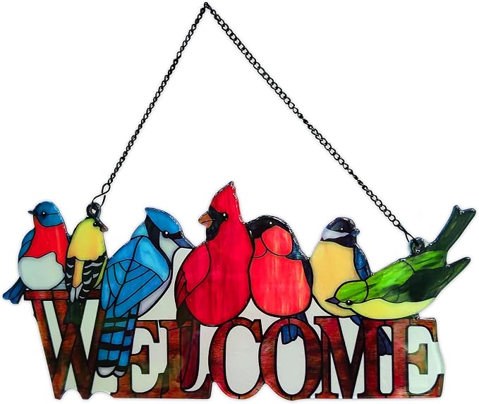 JOYBEE Birds On Branch Stained Glass Suncatcher Cardinal Hummingbird Kingfisher Double Side Glass Panel Window Hanging Decor Bird Ornament Bird Lover Gift for Mom Grandma