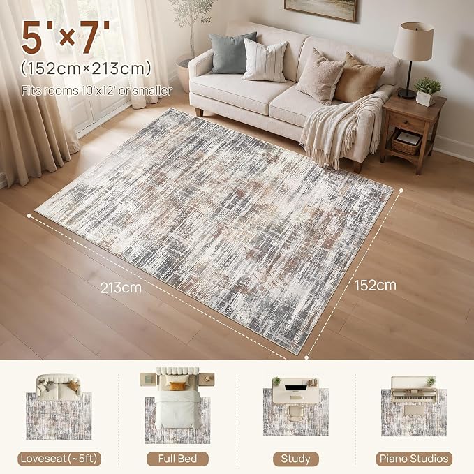 UERMEI 9x12 Area Rug for Living Room Washable Abstract Grey/Rust/Brown | Low Pile Non-Slip Soft Neutral Modern Carpet Kid Pet Friendly Large Rugs For Bedroom Dining Room Nursery Office Indoor Decor