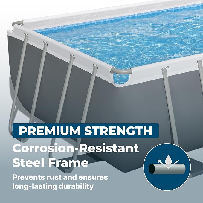 Bestway Power Steel 18' x 9' x 48" Above Ground Pool Set with Pump | Durable Rectangular Metal Frame Outdoor Backyard Pool - Ladder, Cover, and Type III Filter Cartridge Included, Gray
